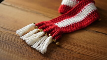 Cozy hand-knitted red and white striped scarf with fluffy tassels and gold beads, perfect for winter fashion, holiday gifting and rustic lifestyle content.