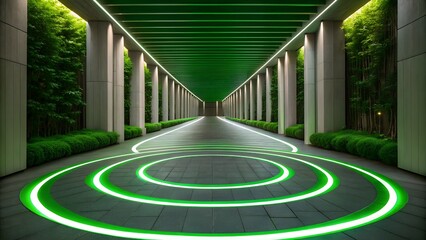 Modern green lit walkway with sleek architecture and ambient circles