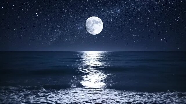 A serene moonlit ocean scene under a starry night sky, with the moon's reflection on the water