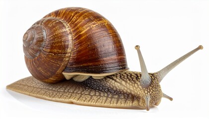 Detailed Close-Up of a Brown-Shelled Snail Crawling on a White Surface.
