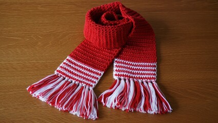 Handmade Red and White Knitted Scarf with Fringe &ndash; Cozy Winter Accessory Perfect for Holiday Gifts and Seasonal Fashion