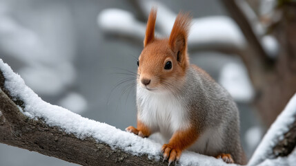 Fototapeta premium Red squirrel on snowy branch winter forest fluffy fur alert expression cold weather nature wildlife closeup outdoor scene