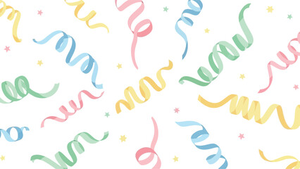 Colorful Party Streamers and Confetti Floating on White Background.