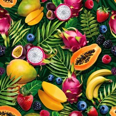 Vibrant Tropical Fruit Pattern with Dragon Fruit, Papaya, Mango & Berries on Lush Green Leaves &ndash; Perfect for Summer Design
