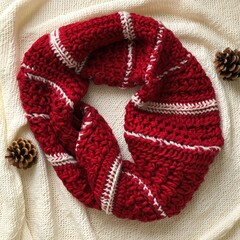 Cozy Red Knitted Infinity Scarf with White Stripes, Perfect for Winter Fashion and Holiday Gifts