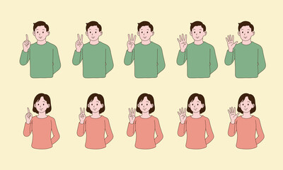 a person who is expressing numbers with his fingers. Simple line drawing illustration.