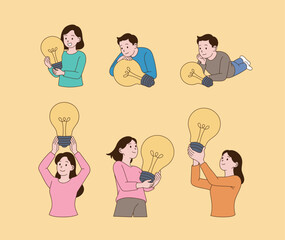 A person holding a light bulb that symbolizes an idea. Simple line drawing illustration.