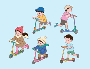Children playing on kickboards. Simple line drawing illustration.