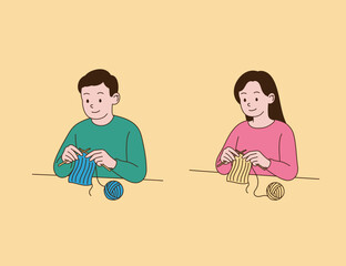 people who are knitting. Simple line drawing illustration.