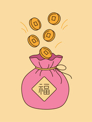 Coins are coming out of the lucky bag. Simple line drawing illustration.