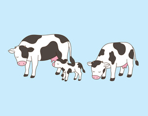 cows feeding on food. Simple line drawing illustration.
