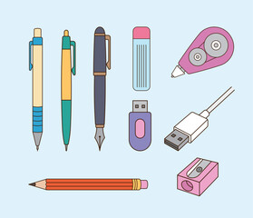 Various school supplies design elements. Simple line drawing illustration.