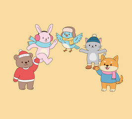 Various animal characters in winter attire. Simple line drawing illustration.