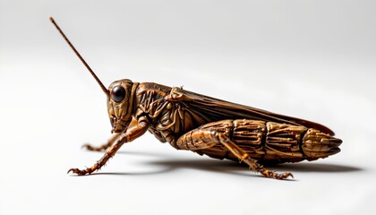 A highly detailed sculpture of a large grasshopper with intricate textures and mechanical joints resembling an insectoid robot stands out against a plain background