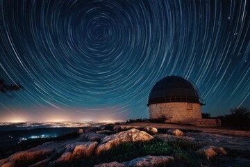 A night sky filled with stars and a prominent astronomical observatory, showcasing the beauty of the universe.