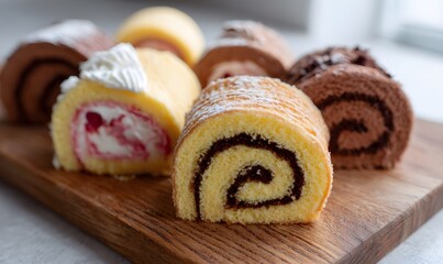 an assortment of homemade rolled cakes (Swiss rolls) arranged on a rustic wooden board.