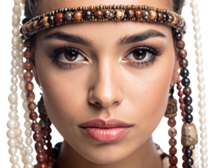 A close-up portrait of a woman with dark hair, adorned with beaded headwear and strands, gazing directly at the viewer