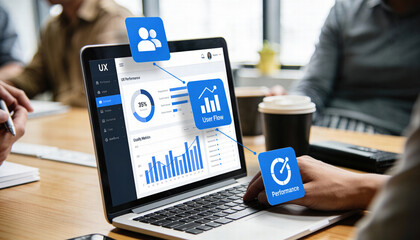 User interface design showcases performance metrics and user flow analysis on laptop screen, emphasizing UX improvement