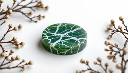 A round, green, marble like object with intricate veining patterns, placed against a background that includes natural elements such as what appears to be twigs with leaves and some seeds