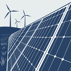 Close up of solar panel texture with wind turbines