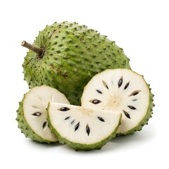 Close-up of a green guanabana fruit and slices on a white background, showcasing its spiky skin and creamy white pulp with black seeds.