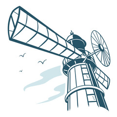 Glass turbine reflecting blue sky tones white background © MST SABLRON