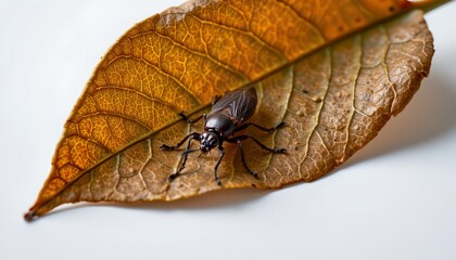 A close up of an insect sitting atop a leaf. The leaf is brown and appears to be from a tree. The insect has black and red colors on its body, with two large eyes visible