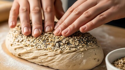 Hands Gently Shaping Dough Covered with Seeds for Homemade Bread