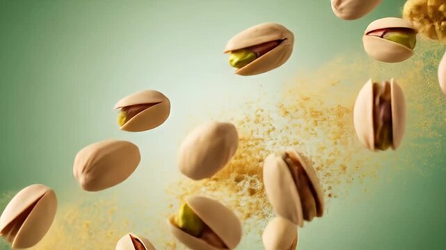 Pistachios flying in mid-air with shells cracking open against a green background