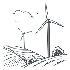 Simplified eco horizon with wind blades and rolling hills