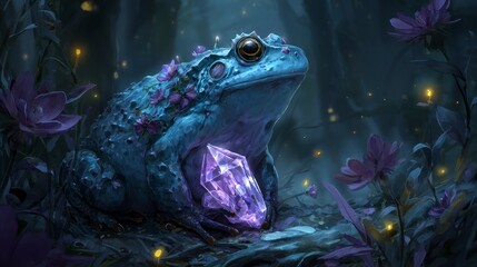 A large, blue amphibian, adorned with flowers, cradles a glowing crystal in a mystical forest setting with soft lighting