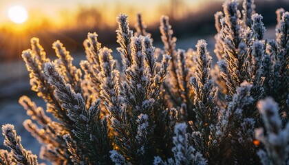 Close-up of frosty heather plants at sunrise, capturing the delicate ice crystals on the foliage with a warm glow in the background.