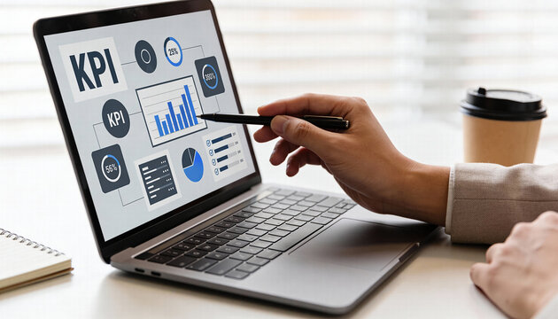 Business analyst reviewing KPI data on laptop screen, showcasing graphs and charts for performance analysis, with coffee cup nearby - Powered by Adobe