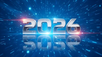 Dynamic 2026 metallic text with bright light reflections, soaring through an abstract digital blue universe, symbolizing future progress and technological advancement
