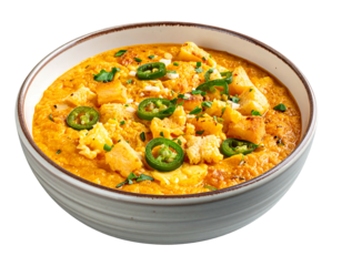 A close-up shot of a bowl filled with a creamy, orange soup garnished with croutons, jalape?os, and herbs