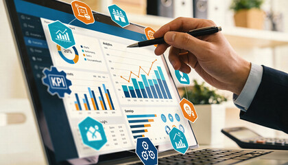 Business analytics dashboard with graphs, charts, and KPIs displayed on laptop screen, showcasing data analysis and performance metrics