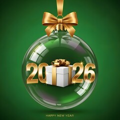 Shiny glass bauble with golden '2026' numbers and gift box, hanging with a golden ribbon on a green background. Perfect for New Year greetings