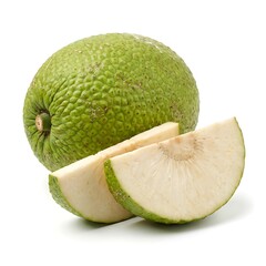 A whole green pomelo with a textured skin next to three slices on a white background with a studio lighting style.