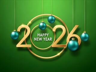 Elegant 2026 New Year celebration with golden numbers, sparkling rings, and festive teal ornaments on a vibrant green background. Joyous wishes