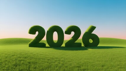 A serene green landscape with 2026 grassy numerals under a clear blue sky