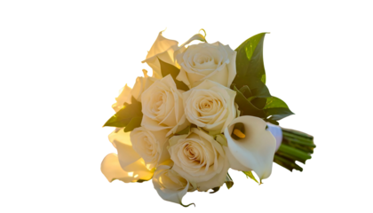 A close-up shot of a bridal bouquet featuring ivory roses and calla lilies, held against a black background