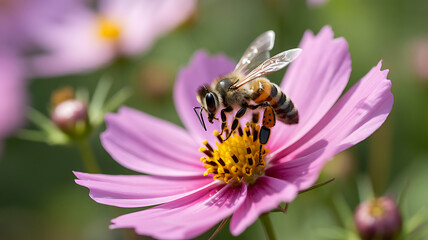 Bee Pollinating Cosmos Flower in Vibrant Close-Up with Shallow Depth of Field