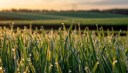 Close-up of vibrant green grass blades covered in morning dew drops at sunrise.