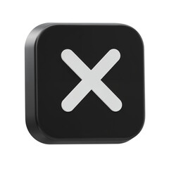 Obraz premium Modern 3d rendered black square button with white cross symbol for close or delete actions transparent background