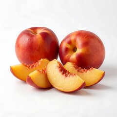 Two whole nectarines and three sliced pieces arranged on a white surface with a plain white background.
