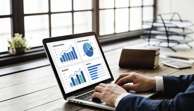 Business analytics financial reports data visualization performance metrics corporate finance laptop workspace charts graphs statistics - Powered by Adobe