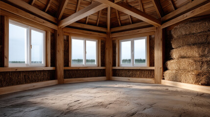 Fototapeta premium Round wooden room with large windows, exposed beams, hay bales, rustic interior, and natural light create cozy countryside atmosphere