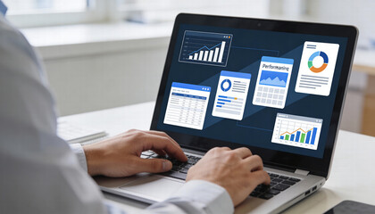Efficient data analysis and reporting on laptop screen showcasing various performance metrics and graphs