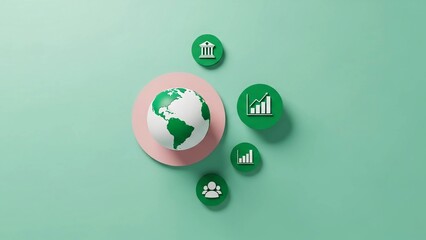 3D rendering of a globe surrounded by business, finance, and social icons on a light green background, representing global economy and sustainability.