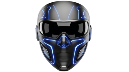 Futuristic black helmet with glowing blue circuit lines isolated on transparent background